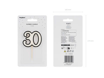 Bougie d'anniversaire numéro 30, 5,5 cm, noir et blanc