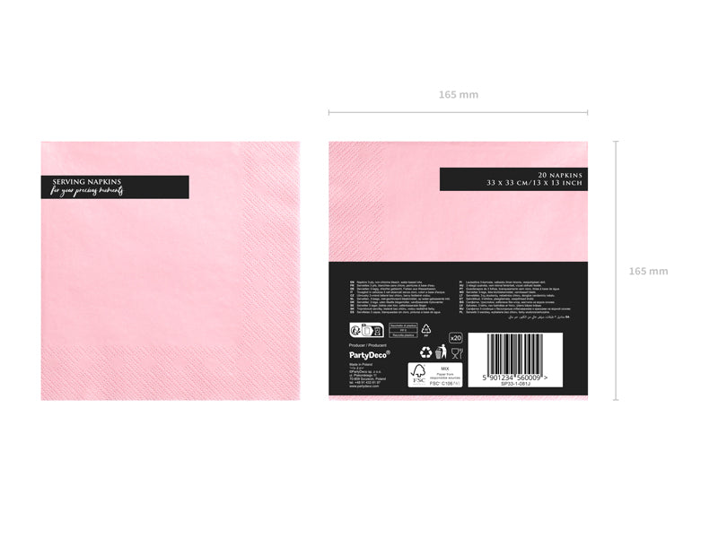 Serviettes 3 couches, rose, 33x33cm – lot de 20 pièces