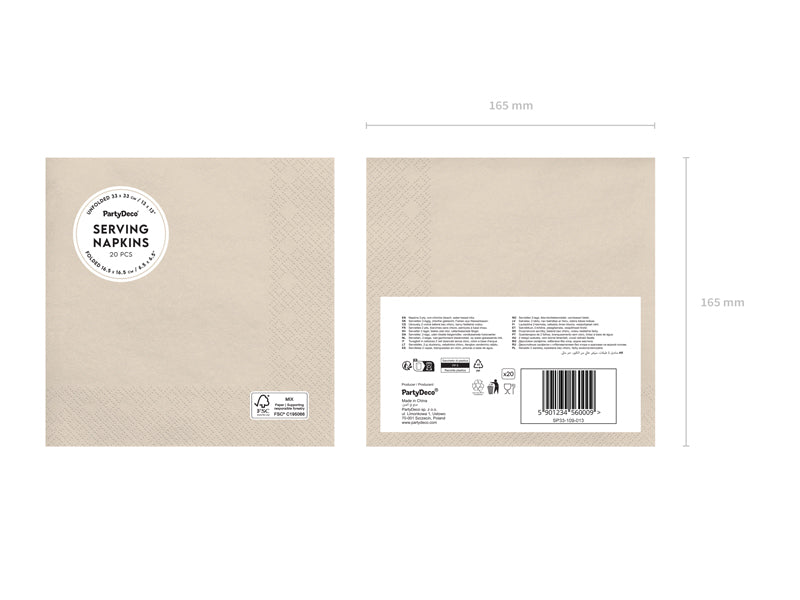 Serviettes en papier, beige, 33x33 cm – lot de 20 pièces