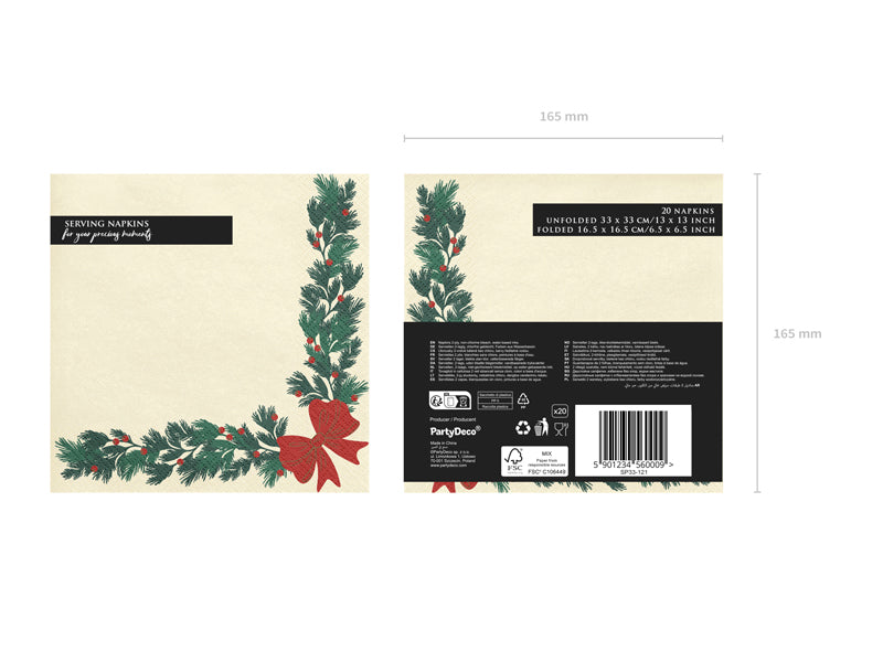 Serviettes guirlande de Noël, 33x33 cm, beige (lot de 20 pièces)