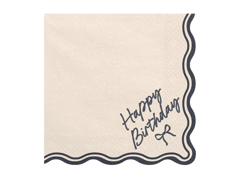 Serviettes Happy Birthday Nœud, 33x33 cm, beige-noir – lot de 12