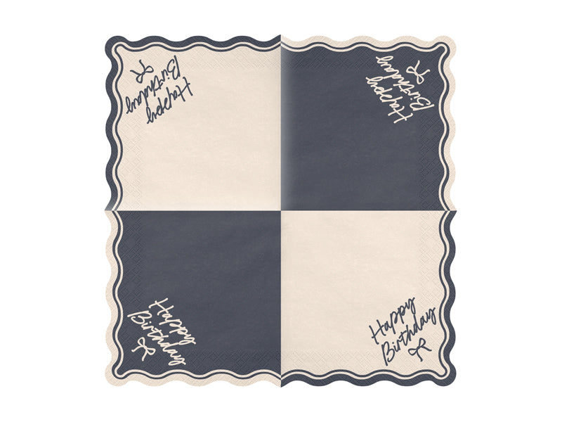 Serviettes Happy Birthday Nœud, 33x33 cm, beige-noir – lot de 12