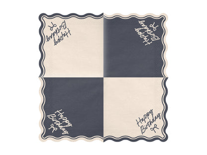 Serviettes Happy Birthday Nœud, 33x33 cm, beige-noir – lot de 12