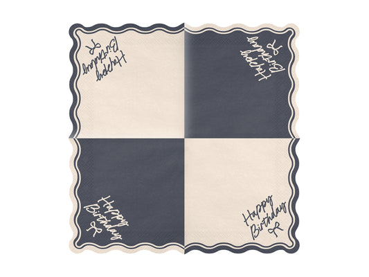 Serviettes Happy Birthday Nœud, 33x33 cm, beige-noir – lot de 12