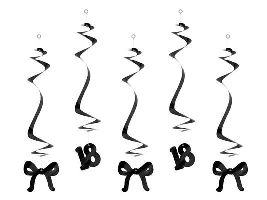 Spirales d'anniversaire pour le 18 ans avec des nœuds, noir, 50 cm – lot de 5