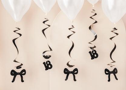 Spirales d'anniversaire pour le 18 ans avec des nœuds, noir, 50 cm – lot de 5