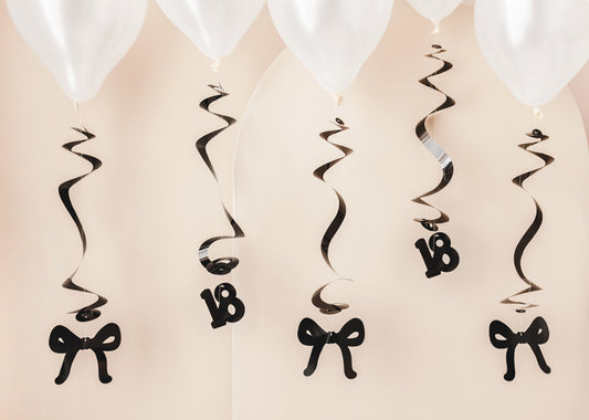 Spirales d'anniversaire pour le 18 ans avec des nœuds, noir, 50 cm – lot de 5