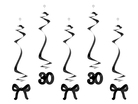 Spirales d'anniversaire pour le 30 ans avec des nœuds, noir, 50 cm – lot de 5