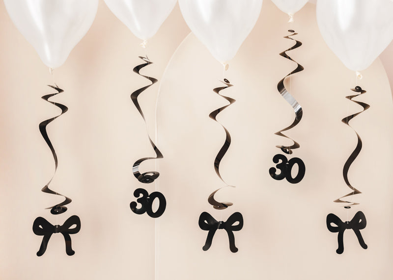 Spirales d'anniversaire pour le 30 ans avec des nœuds, noir, 50 cm – lot de 5