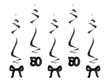 Spirales d'anniversaire pour le 50 ans avec des nœuds, noir, 50 cm – lot de 5