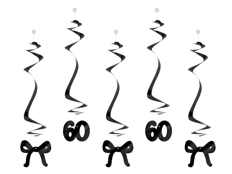 Spirales d'anniversaire pour le 60 ans avec des nœuds, noir, 50 cm – lot de 5
