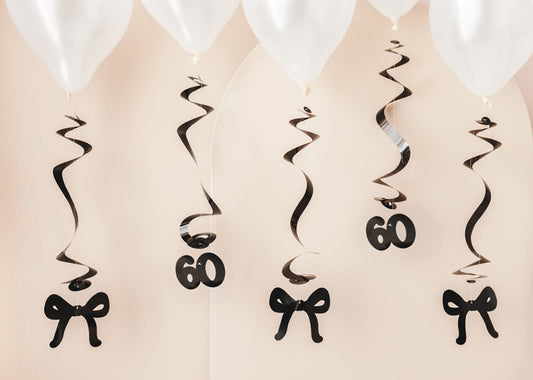 Spirales d'anniversaire pour le 60 ans avec des nœuds, noir, 50 cm – lot de 5