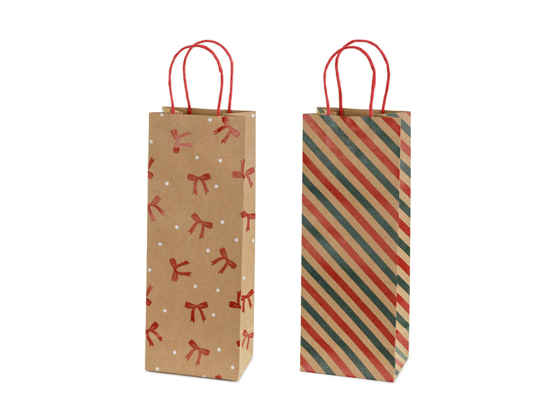 Sacs cadeaux Rayures et nœuds, 12.5x33.5x9 cm, kraft – Lot de 6