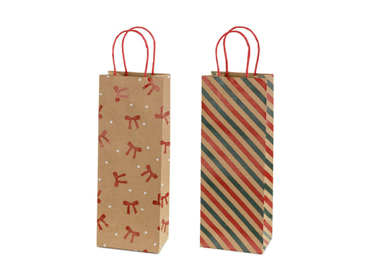 Sacs cadeaux Rayures et nœuds, 12.5x33.5x9 cm, kraft – Lot de 6