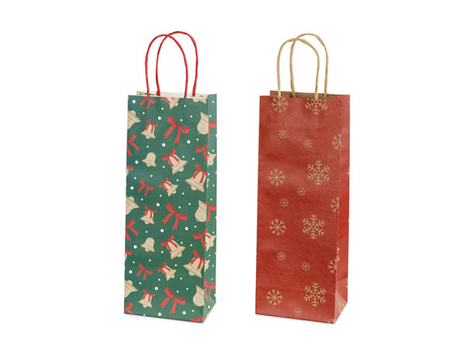 Sacs cadeaux Flocons et cloches, 12.5x33.5x9 cm, rouge et vert – Lot de 6