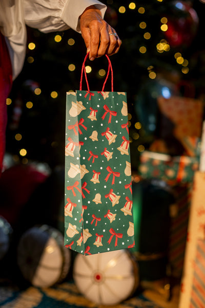 Sacs cadeaux Flocons et cloches, 12.5x33.5x9 cm, rouge et vert – Lot de 6