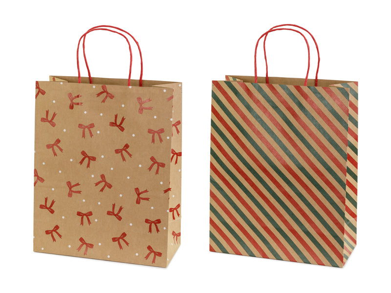 Sacs cadeaux Rayures et nœuds, 26x32.5x12 cm, kraft – Lot de 6