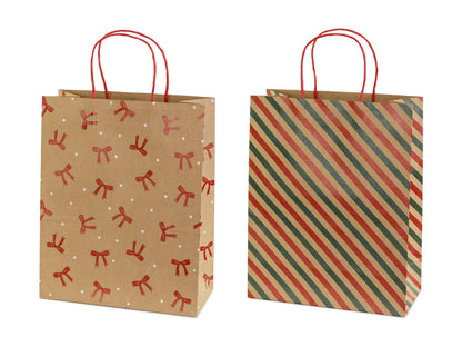Sacs cadeaux Rayures et nœuds, 26x32.5x12 cm, kraft – Lot de 6