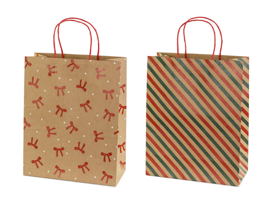 Sacs cadeaux Rayures et nœuds, 26x32.5x12 cm, kraft – Lot de 6