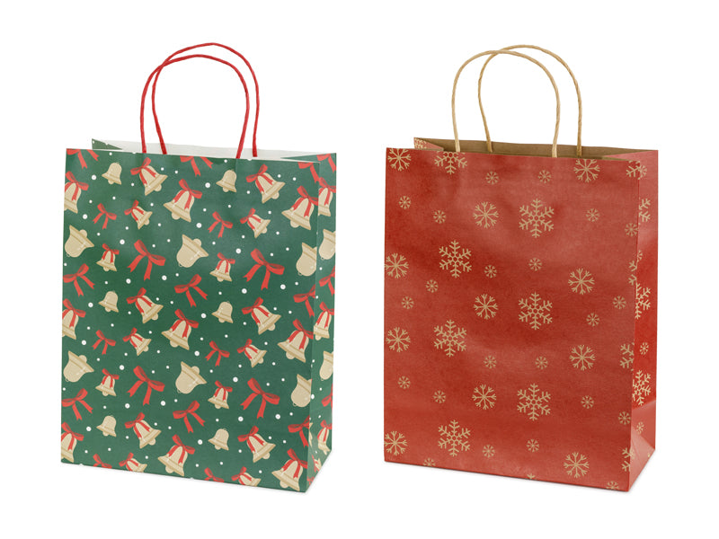 Sacs cadeaux Flocons et cloches, 26x32.5x12 cm, rouge et vert – Lot de 6