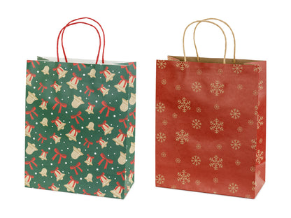 Sacs cadeaux Flocons et cloches, 26x32.5x12 cm, rouge et vert – Lot de 6