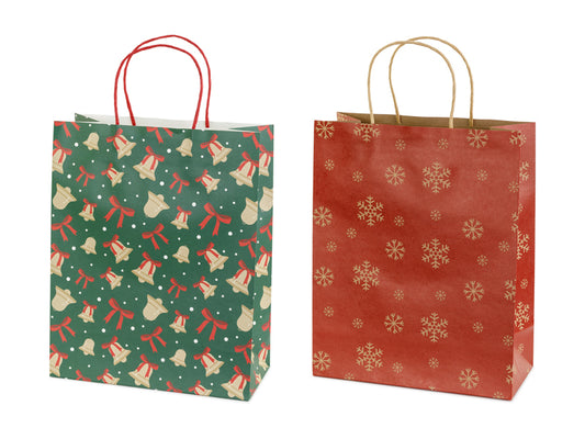 Sacs cadeaux Flocons et cloches, 26x32.5x12 cm, rouge et vert – Lot de 6