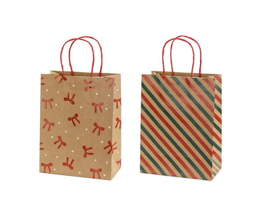 Sacs cadeaux Rayures et nœuds, 19x25x10 cm, kraft – Lot de 6