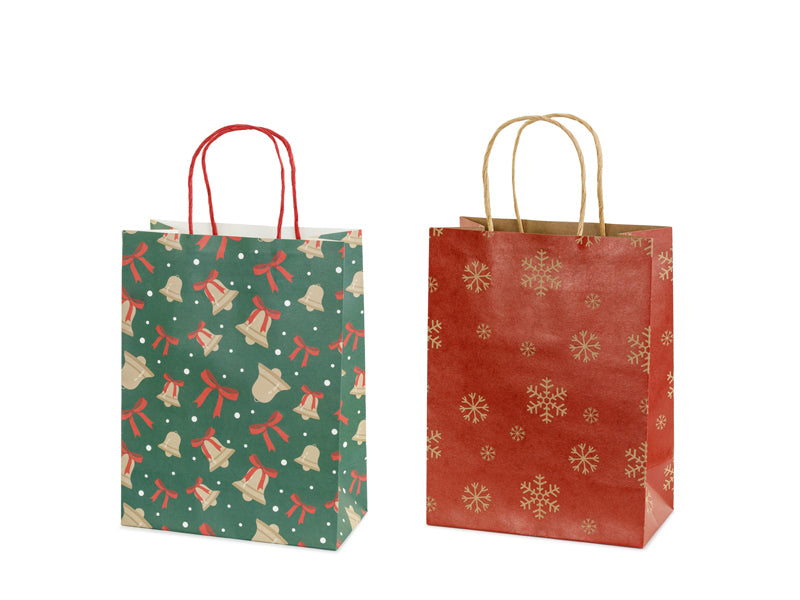 Sacs cadeaux Flocons et cloches, 19x25x10 cm, rouge et vert – Lot de 6
