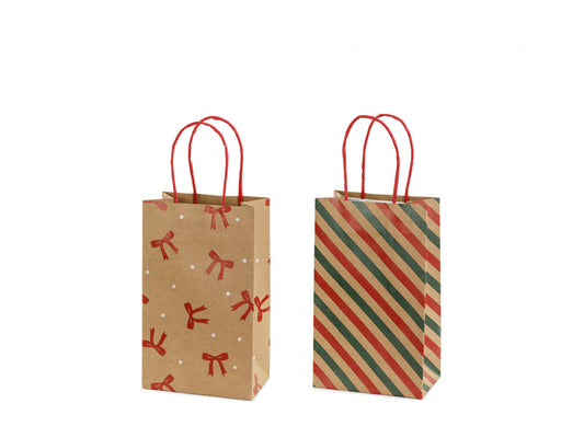 Sacs cadeaux Rayures et nœuds, 13x21x8 cm, kraft – Lot de 6