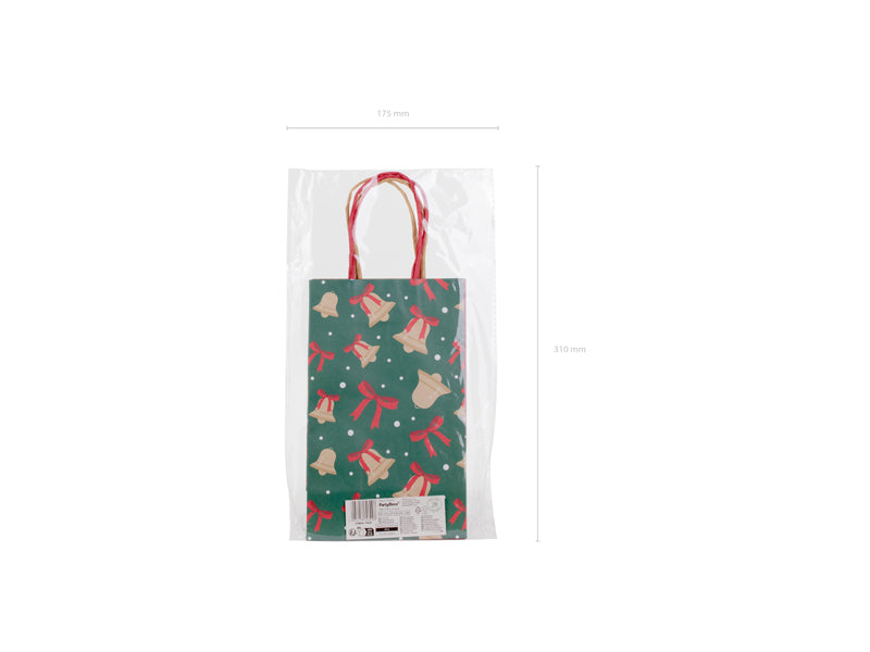 Sacs cadeaux Flocons et cloches, 13x21x8 cm, rouge et vert – Lot de 6