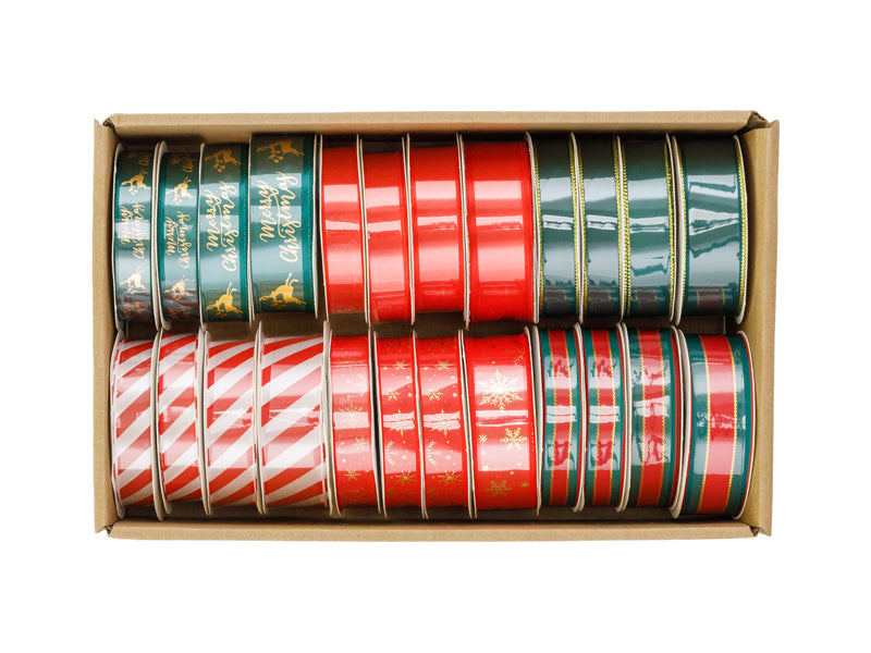 Set de rubans de Noël 1,5-2,5x300 cm, mix de motifs – Lot de 24