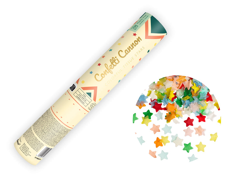 Canon à confettis étoiles multicolores – 20 cm