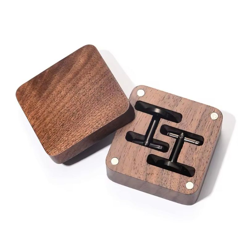 Bouton de manchette + boîte en bois